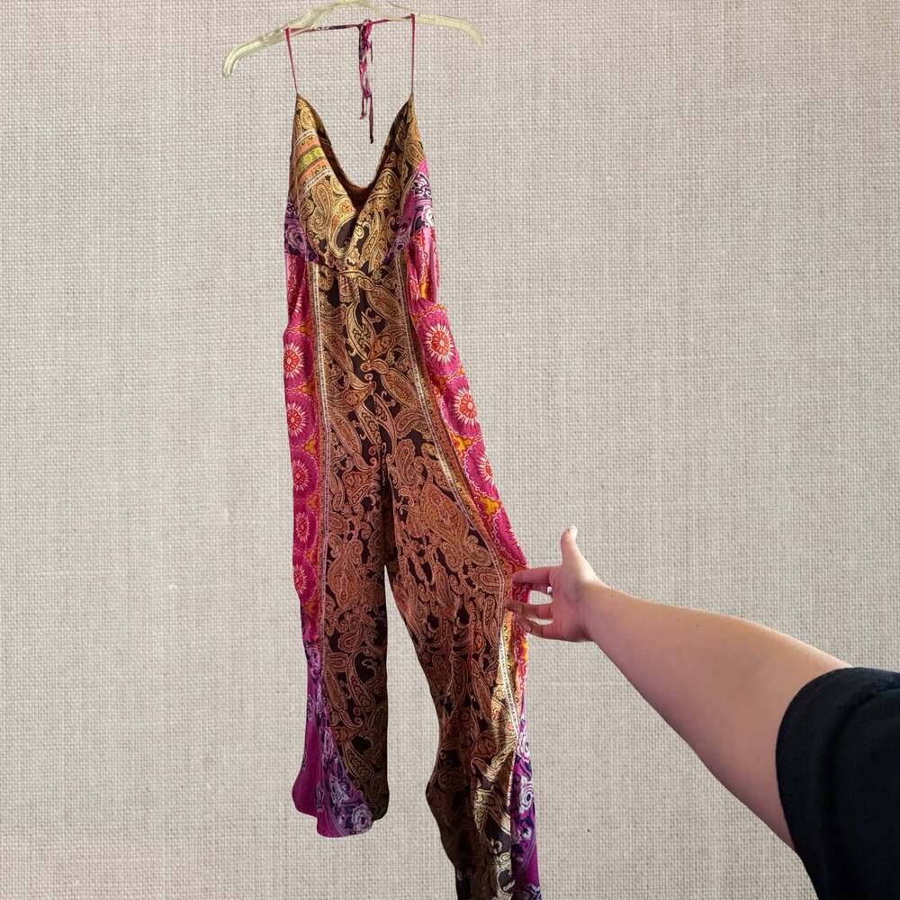 Free People Paisley Patchwork Wide Leg Halter Jumpsuit Boho Festival Hippie - S - Picture 7 of 9